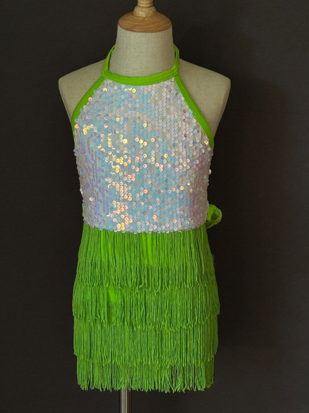 Weissman Lime Green Iridescent Sequin Halter Fringe Dance Costume Jazz Tap IC